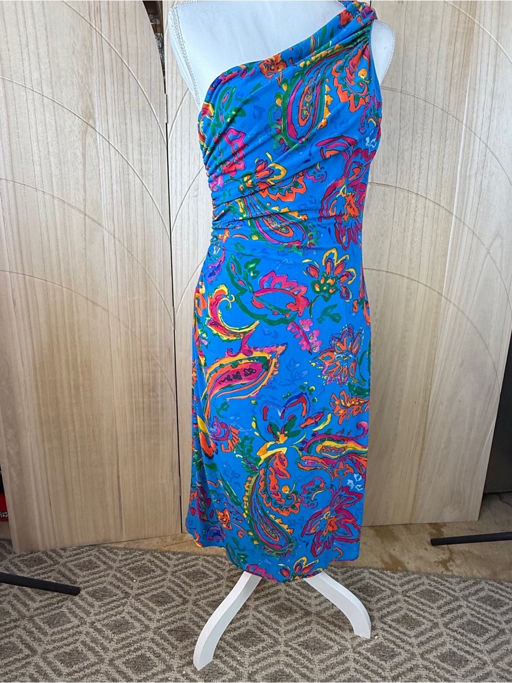 Lauren Ralph Lauren Blue Paisley One Shoulder Ruched Dress Size 10